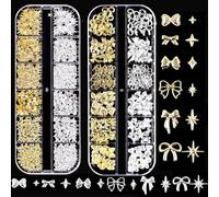 24Grid Metal Nail Charms with Assorted Styles Bows Stars Pearls Nail Art Charms for Women Girls Nail Art DIY Decorations Accessories (Golden and Silver)