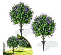 24in Artificial Boxwood Topiary Balls Set of 2, Topiary Tree with Ground Spike, UV Resistant Realistic Lavender Plants, Floral Greenery Lavender Plants for Porch, Garden, Yard
