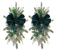 24in Classics Christmas Stair Swags, 2pcs Artificial Pine Garlands Pre-Lit Stairway Teardrop Swags with Berries and Green Velent Bowknot, Garland Decoration Front Door Stairs Decor