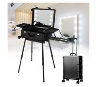 24in Makeup Train Case, Aluminum Trolley Makeup Train Case with 8 LED Light, Portable Aluminum Trolley Salon Station, Travel Makeup Bag for Makeup Artist Hairstylist Home Nail Salons