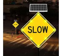 24in Road Warning Slow Down Sign, Solar Powered LED Slow Safety Sign, for Driveway, Residential, Street, Pedestrian Crossing