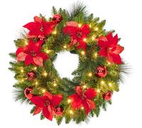 24inch/60cm Christmas Wreath with 50 Warm White LED Lights & Artificial Poinsettia Flowers & Baubles & Artificia, Pre-Lit Xmas Wreath, Large Artificial Christmas Wreaths for Front Door Wall Decoration