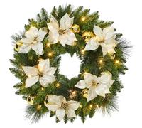 24inch/60cm Christmas Wreath with 50 Warm White LED Lights & Artificial Poinsettia Flowers & Baubles, Pre-Lit Xmas Wreath, Large Artificial Christmas Wreaths for Front Door Wall Decoration