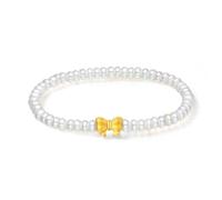 24K Gold Beaded Bracelet White Freshwater Pearls Golden Bow Charm 17cm