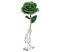 24K Gold Rose Forever Green Rose Artificial Flower Rose Petals Long Stem Craft Decorations Gift Ornament with Leaf and Base