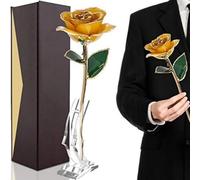 24K Gold Rose with Clear Display Stand, Long Stem Dipped Flower Gift for Her Made of Fresh Rose, Last Forever Mother's/Thanksgiving/Christmas/Valentine's/Birthdays Party/Graduations/Weddings (Yellow)