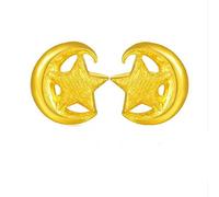 24k Pure Gold Earrings One Star and A Moon Refer Love Confirm The Commitment of Life Gentle and Noble 999 Soild Gold A Pair