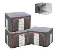 24L Clothes Storage Boxes,Stackable Cube Wardrobe Storage Organiser,Collapsible Storage With Metal Frame,Storage Bags With Zips Clear Window & Carry Handles For Blankets,Bedding,Comforters (Grey-3PCS)