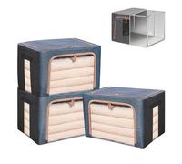24L Clothes Storage Boxes,Stackable Cube Wardrobe Storage Organiser,Collapsible Storage With Metal Frame,Storage Bags With Zips Clear Window & Carry Handles For Blankets,Bedding,Comforters(Navy-3PCS)