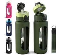 24OZ /700ml Glass Water Bottle, Large Sports Water Bottle with Dual-Drink Lid Clear Leakproof Glass Bottles with Straw, Motivational Jug with Silicone Sleeve and Time Marker for Travel Gym-Green
