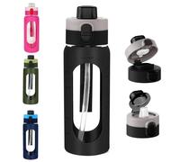 24OZ/700ml Glass Water Bottle, Large Sports Water Bottle with Dual-Drink Lid Clear Leakproof Glass Bottles with Straw, Motivational Jug with Silicone Sleeve and Time Marker for Travel Gym-Black