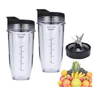 24oz Blender Cups and 7 Fins Blade for Ninja Nutri BN401, BN400, BN801, BN800, Replacement Cups with Sip and Seal Lids. (2Pcs 24oz Cups+1 Pc Blade)