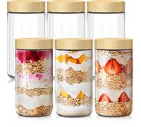 24oz Overnight Oats Containers with Lids, Glass Jars with Bamboo Lids, Glass Meal Prep Jars with Airtight Lids for Yogurt, Salad, Chia, Wide Mouth Mason Jar with Lid for Food Storage - 6 Pack