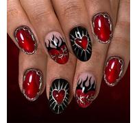 24Pack Valentines Day False Nails With Flame Cats Eye Effect Red Heart Decoration Gold Foils Accents ABS Nails Tips Valentines Glossy Flame Fake Nail With Rhinestones Detail