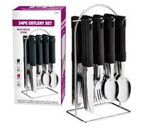 24pc Black Cutlery Dinner Tableware Set - Stainless Steel | with Metal Hanging Stand, Forks Tea Spoons | Dishwasher Safe & Easy Clean | Suitable for Home, Kitchen, Restaurant, Catering