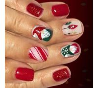 24Pc Christmas Light Striped Glitters Santa Hat Themed Artificial Nails for Festive Holiday Party Occasion Christmas Press on Nail