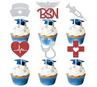 24pc Congrats BSN Cupcake Toppers, Congratulations Bachelor of Science in Nursing Degree, Class of 2026 Nursing School Graduation Party Decoration Supplies, Red and Silver Glitter