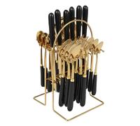 24pc Cutlery Dinner Tableware Set, Stainless Steel Service Flatware Set with Metal Hanging Stand for 6 People, Reusable Easy Clean, for Home, Kitchen, Restaurant (Gold+Black)