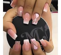 24pc French False Nails - White and Pink with Gold Glitter & Geometric Designs - Removable and Reusable - Full Coverage - Nail Art Accessories - Women's Nail Kit