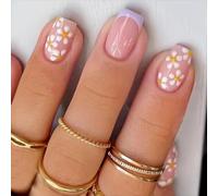 24pc French Tip False Nails - Short & Square Stick-Ons with Daisy Flower Design, Purple Acrylics, Removable Glue | Full Cover Women's & Girls' Nail Art Accessories