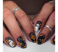 24PC Halloween Fake Nails, Square Press On Nails, Cute Stick On Nails with Matte Black Forest Orange Flower Ghost Design, Stick On Nails False Nails for Nail Art Halloween Party