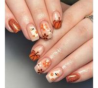 24PC Halloween Press On Nails - Short, Orange Flower Cute Pumpkin Stick On Nails - False Nails for Women & Girls - Perfect for Nail Art & Halloween Party