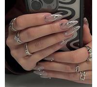 24pc Medium Almond False Nails - Silver Fireflame Rhinestone - Press On & Removable - Acrylic Full Cover - Women's Nail Art