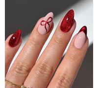 24PC Red & Nude Cat Eye Almond False Nails, Red Bowknot Design Cat Eye French Tip Press On Nails, 12 Sizes Reusable Stick on Nails for Women DIY Manicure for Valentine's Day, Daily Use,Party & Wedding