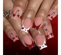24PC Red & White French Tip False Nails, Cherry & Heart Design Press On Nails, 12 Sizes Square Shaped Reusable Stick on Nails for Women DIY Manicure for Valentine's Day, Daily Use, Party & Wedding