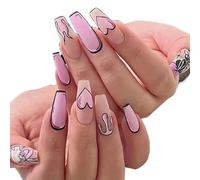 24Pc/Set Long Ballet Pink French Heart Geometric Cat Cartoon Patterns Printed Full Coverage Wearable Fake Nail Press On Nail Art Autumn Winter Luxury Decoration