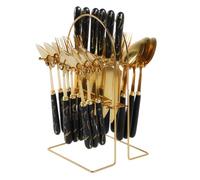 24pc Silverware Set with Hanging Stand, Stainless Steel Cutlery - Forks, Knives, Spoons for 6 People, Mirror Polished Design Kitchen Utensil Tableware Set for Home Restaurant (Black)