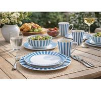 24pc Waterside Blue & White Stripe Porcelain Dinner Set; 6 Dinner Plates, 6 Side Plates, 6 Deep Bowls & 6 Mugs - Dishwasher & Microwave Safe