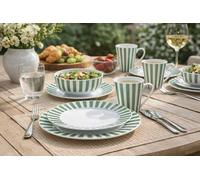 24pc Waterside Green & White Stripe Porcelain Dinner Set; 6 Dinner Plates, 6 Side Plates, 6 Deep Bowls & 6 Mugs - Dishwasher & Microwave Safe