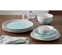 24pc Waterside Grey & Aqua Spinwash Porcelain Dinner Set; 6 Dinner Plates, 6 Side Plates, 6 Soup Bowls & 6 Deep Bowls - Dishwasher & Microwave Safe