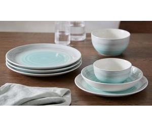24pc Waterside Grey & Aqua Spinwash Porcelain Dinner Set; 6 Dinner Plates, 6 Side Plates, 6 Soup Bowls & 6 Deep Bowls - Dishwasher & Microwave Safe