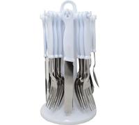24pc White Cutlery Dinner Set - Includes Metal Forks, Teaspoons, Spoons & Plastic Drainer Stand | Storage Organiser | Durable Strong & Long Lasting | Suitable for Home, Kitchen, Restaurant, Catering