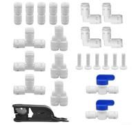 24pcs 1/4 Inch Push Fit Water Pipe Fittings Kit for RO Filter System Ice Maker Aquariums - Quick Connect Plastic Connector Set White