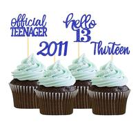 24Pcs 13th Birthday Cupcake Toppers, Hello 13th Birthday Cake Topper- 13th Birthday Decorations for Celebrating Teenager Thirteen Years Old Birthday Party Supplies (Blue)