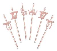24Pcs 17th Birthday Paper Straws Happy 17th Birthday Straws Sweet 17 Girls Bow 17 Years Old Birthday Party Supplies Rose Gold Glitter