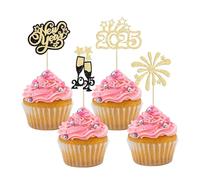 24Pcs 2025 Happy New Year Cupcake Topper Gold Glitter Hello 2025 Cupcake Toppers Cheers to 2025 Champagne Cupcake Topper Firework Cake Picks for New Year Eve Party Decor Supplies