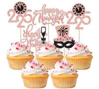 24Pcs 2025 Happy New Year Cupcake Toppers Glitter Cheers to the New Year Magic Hat 2025 Clock Cupcake Pick Decorations for 2025 Happy New Years Eve Party Supplies Black Rose Gold