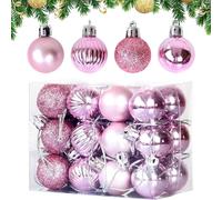 24Pcs 3cm Christmas Tree Baubles Set, Pumpkin, Shiny, Matte & Glitter Multi-Color Christmas Balls Shatterproof Plastic Electroplating Ornaments Xmas Tree Hanging Decoration (Pink)