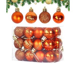 24Pcs 3cm Christmas Tree Baubles Set, Pumpkin, Shiny, Matte & Glitter Multi-Color Christmas Balls Shatterproof Plastic Electroplating Ornaments Xmas Tree Hanging Decoration (Orange)