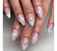 24PCS 3D Blue Flower Press On Nails Almond Shape - French Tip Short False Nails with Pearl Accents for Women, Reusable Handmade Stick On Kit for Summer Wedding Party & Holiday Style