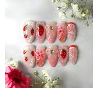 24PCS 3D Bow & Strawberry Floral Press On Nails Short Almond Shape - French Tip False Nails with Fruit & Flower Pattern, Cute Reusable Set for Dating, Vacation & Everyday Style