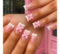 24Pcs 3D Bowknot Design French Tip False Nails - with Pink Base and White Tip Press on Nails for Women Full Cover for Summer Glamour and Long Square Sweet