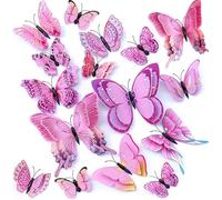 24PCS 3D Butterfly Wall Sticker Decor,3D Butterflies Stickers for Party Decorations with Magnets and Gum Removable and Reusable (Pink)