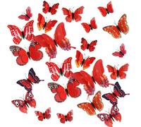 24PCS 3D Butterfly Wall Sticker Double Layer Butterflies Wall Art Stickers Girls Bedroom Decorations Butterfly Decals DIY Art Crafts for Home Garden Classroom Party Decor (Red)