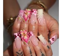 24Pcs 3D Floral Coffin Press On Nails with Pink French Tips & Gold Accents - Reusable Handmade False Nail Extensions for Women, Long Acrylic Gel Look, Salon Quality Kit (Luxury Glam)