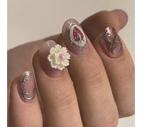 24pcs 3D Floral False Nails Short Oval Press On Nails For Spring Celebrations And Independence Day Festivities